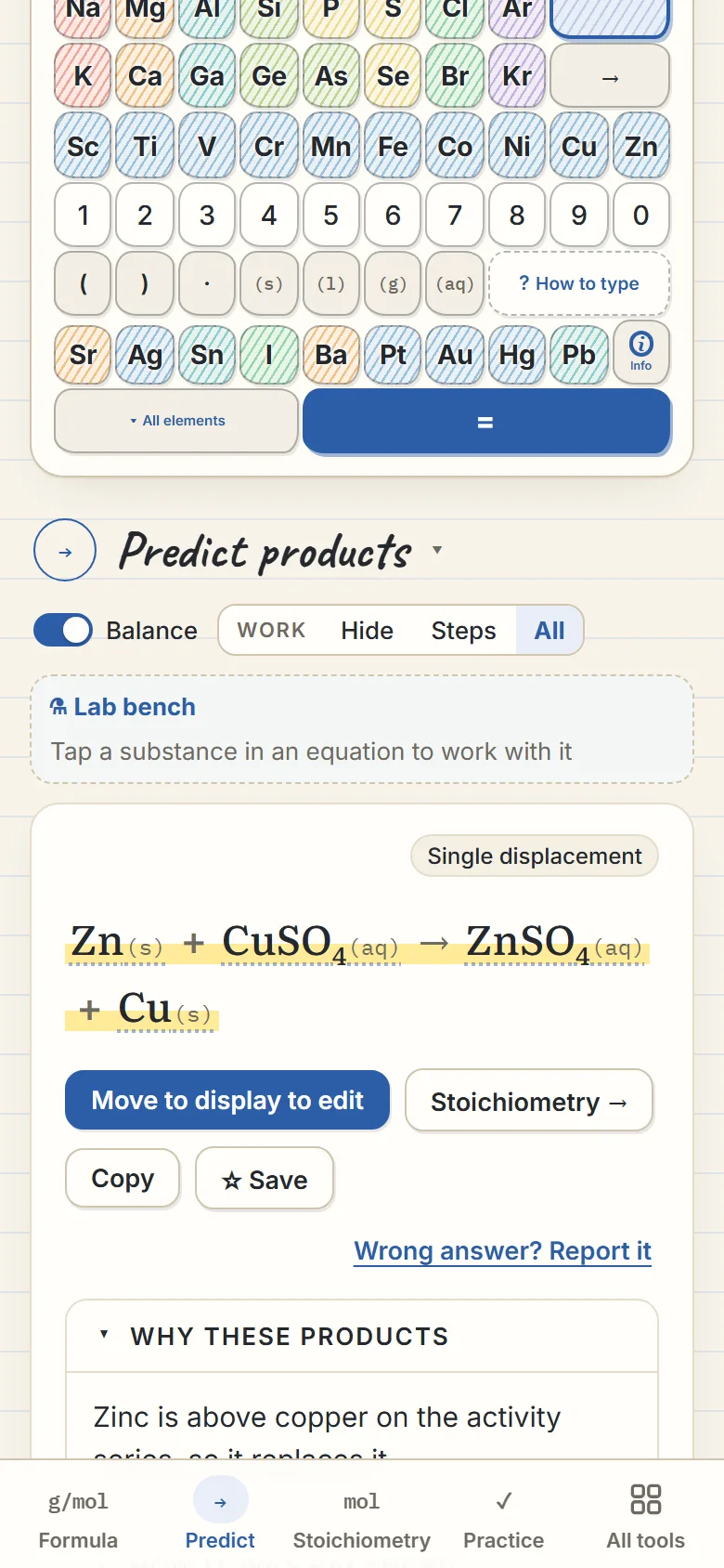 A predicted and balanced equation, with why these products form