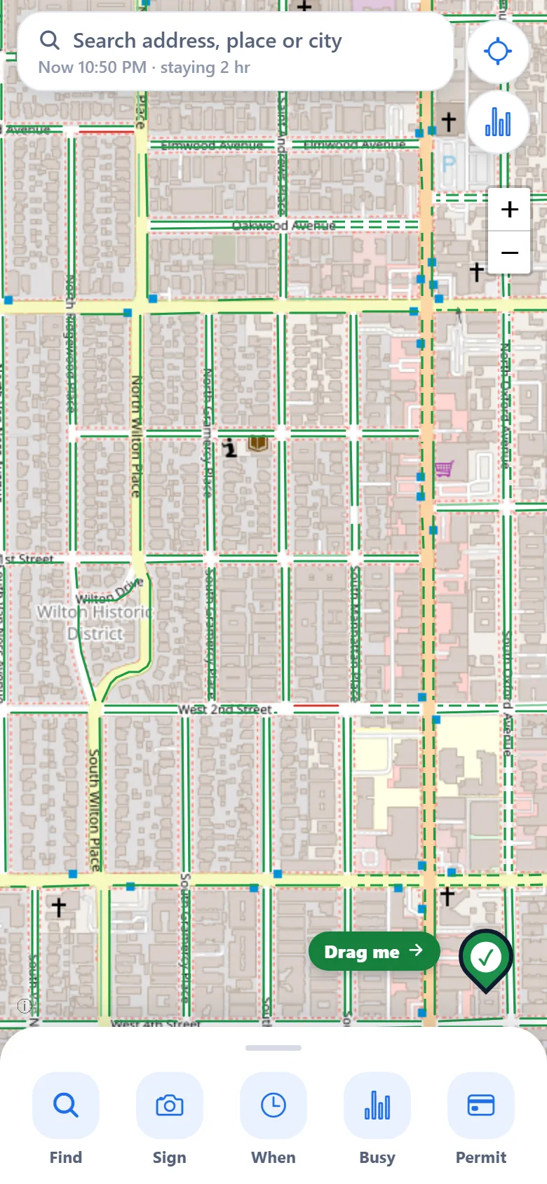 Pocket Parker: a city map with every curb colored green, yellow or red